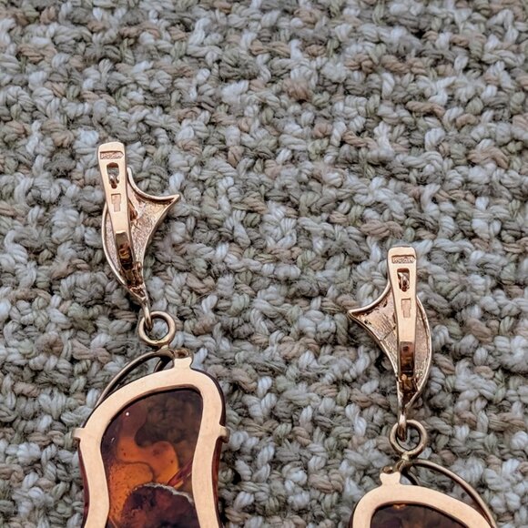 Russian Russia 14K 585 Rose Pink Gold Baltic Honey Amber Dangle Drop Earrings - Picture 8 of 9